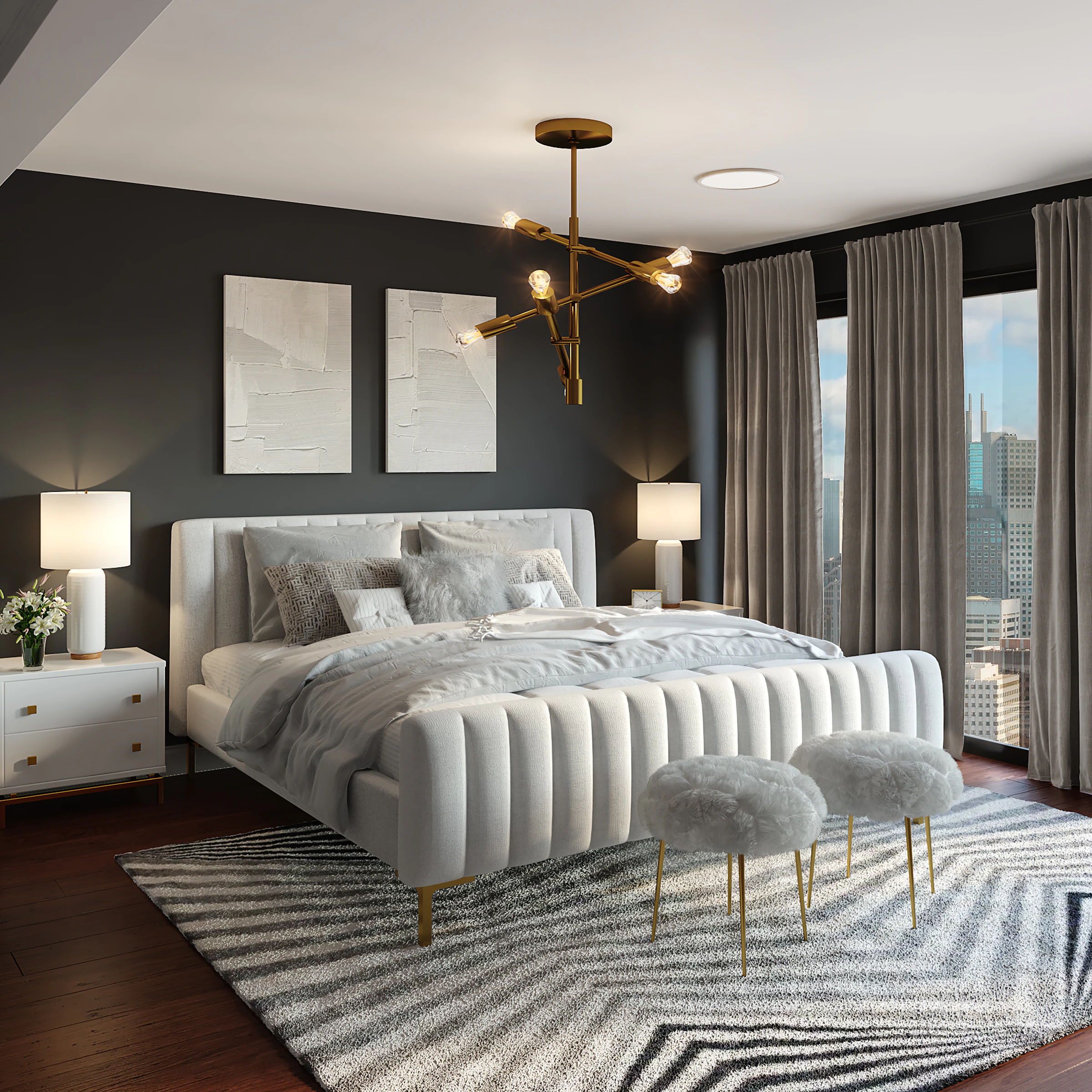 Bedroom with a dark accent wall, a channel-tufted bed and a brass chandelier