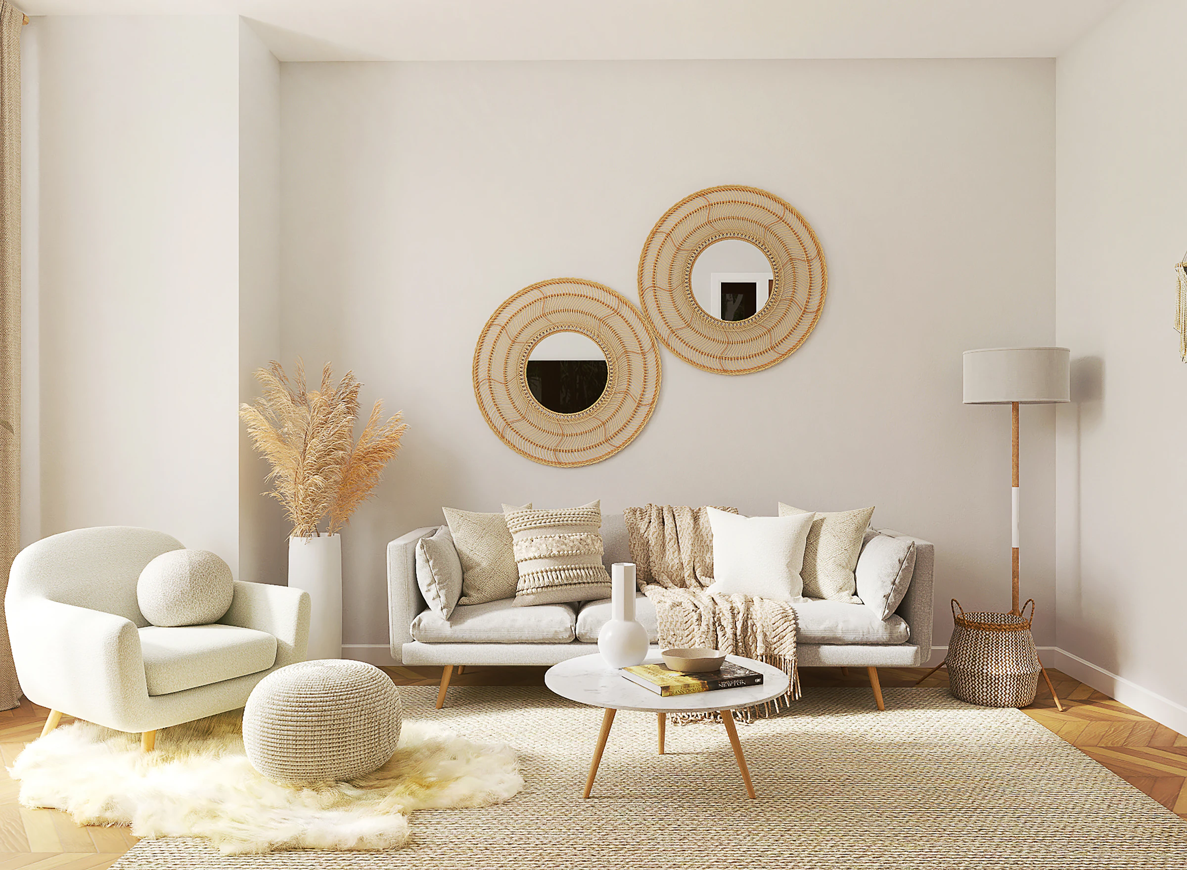 Bright, finished living room with cream sofas and woven wall mirrors
