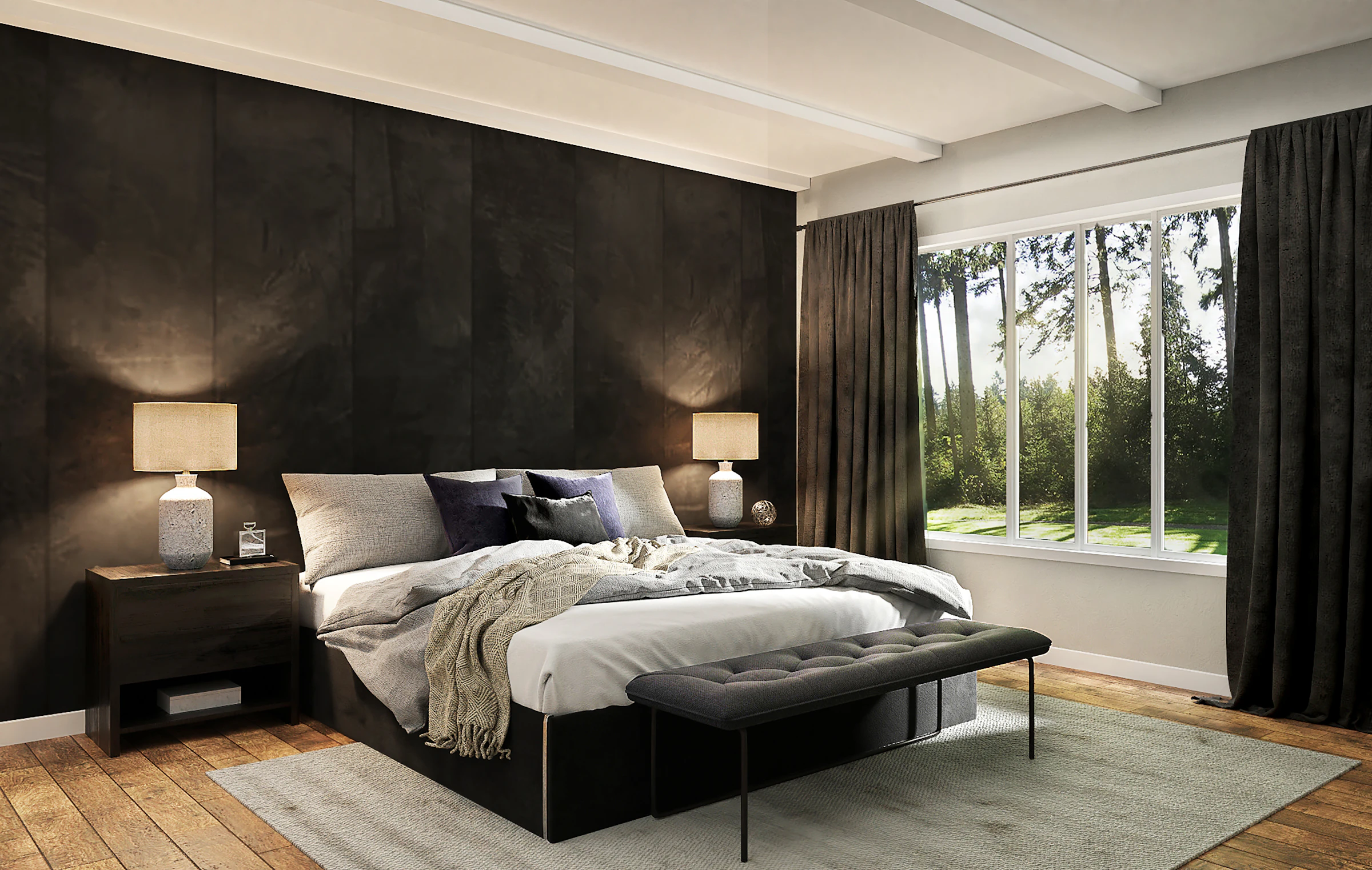 Bedroom with a black textured wall, a low bed and tall windows