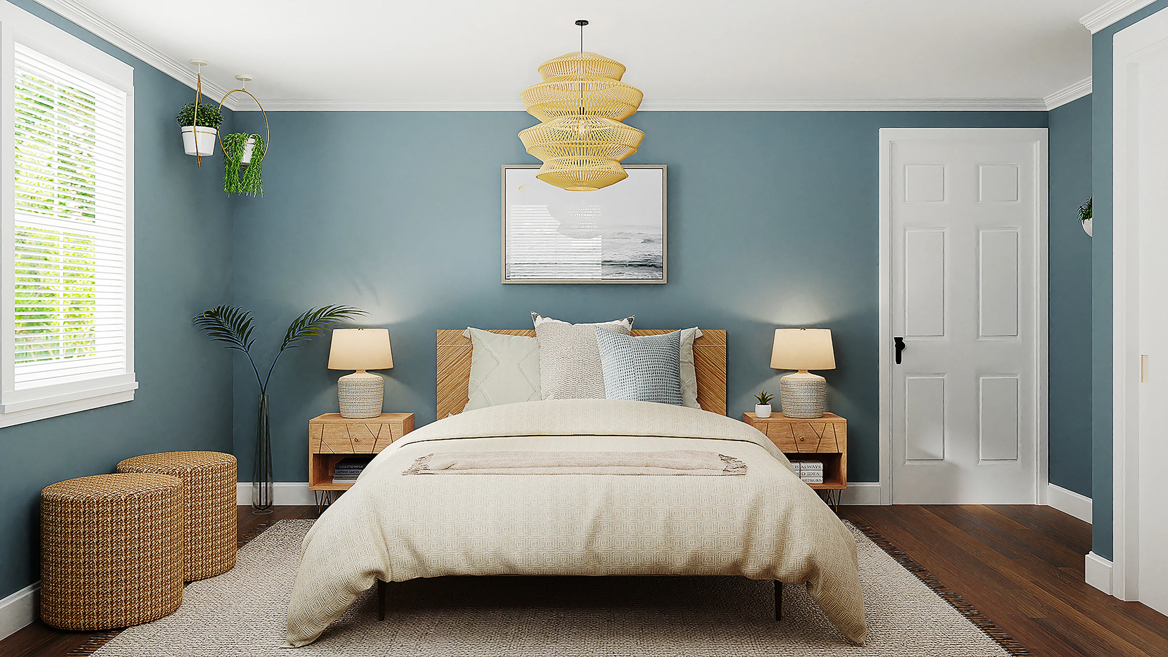 Bedroom with a dusty blue wall and a woven pendant light