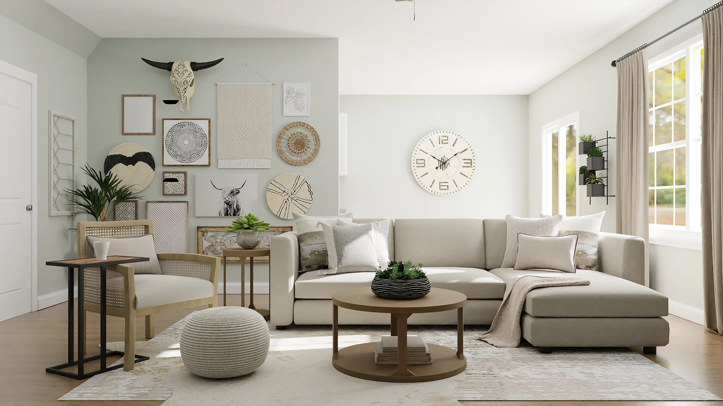 Neutral living room with a sectional sofa, round mirror and wall art