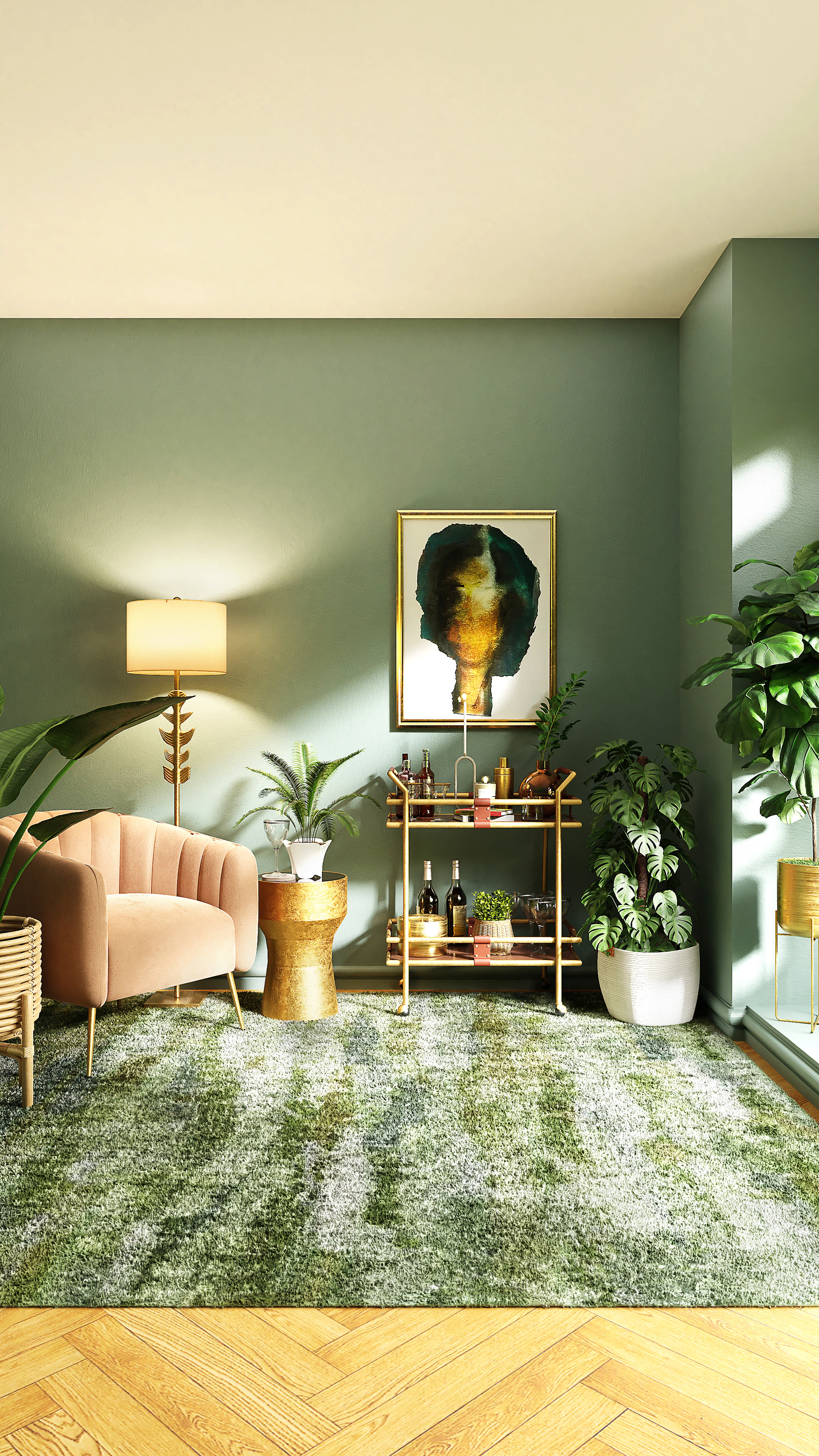 Reading corner with a sage wall, a pink armchair and a woven rug