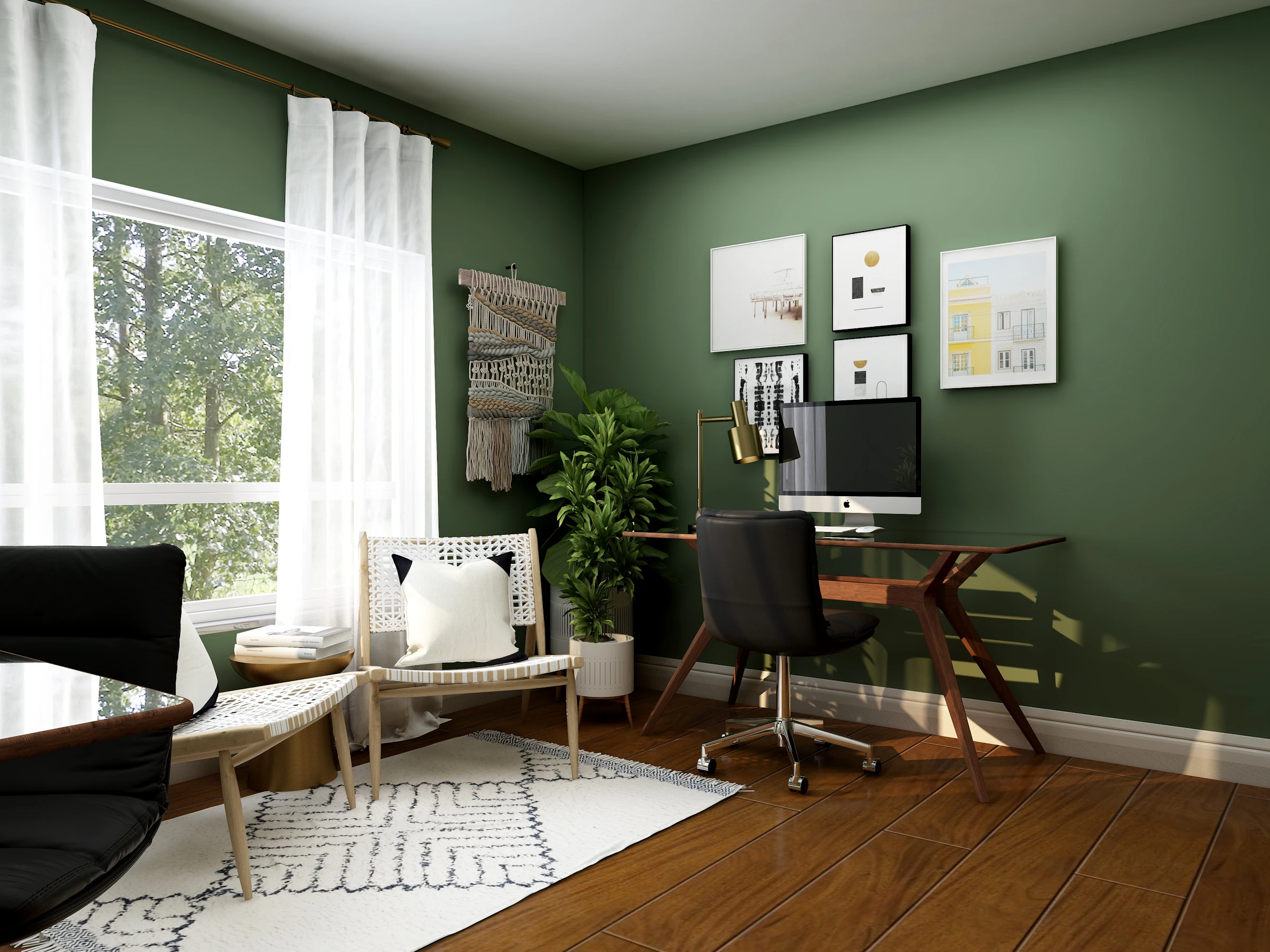 Home study with a dark green wall and a timber desk