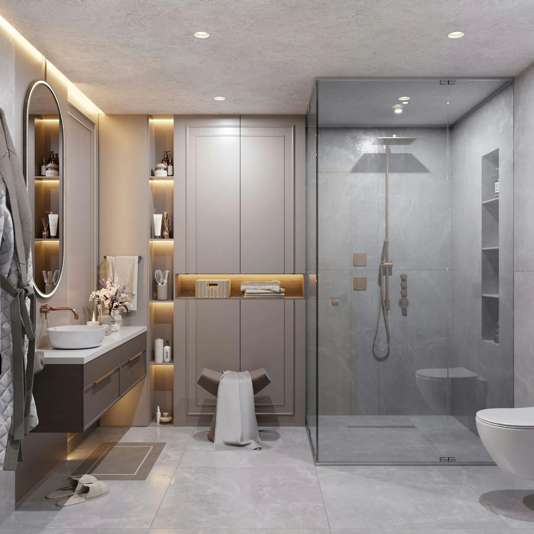 Bathroom with a frameless glass shower enclosure, a floating vanity and backlit niches