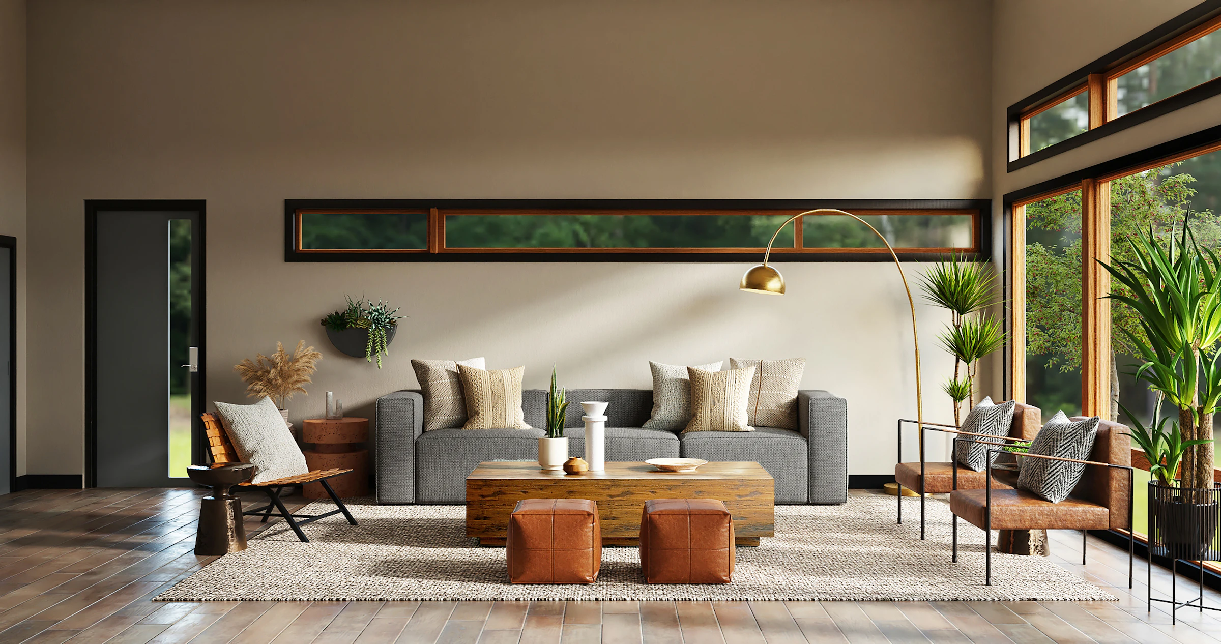 Warm living room with a low sofa, a timber coffee table, floor-to-ceiling windows and an arched floor lamp