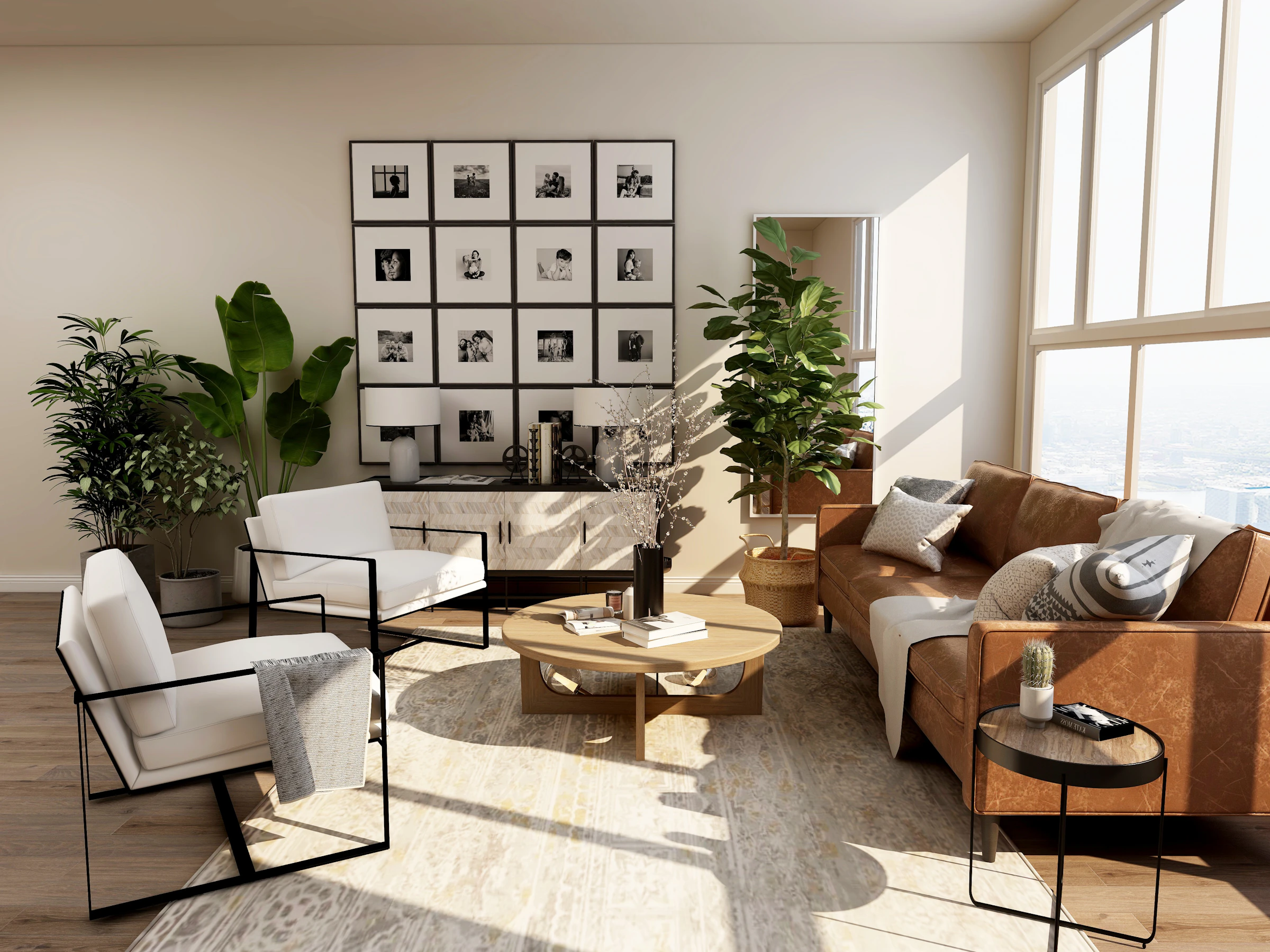 Sunlit living room with a leather sofa, a gallery wall and indoor plants