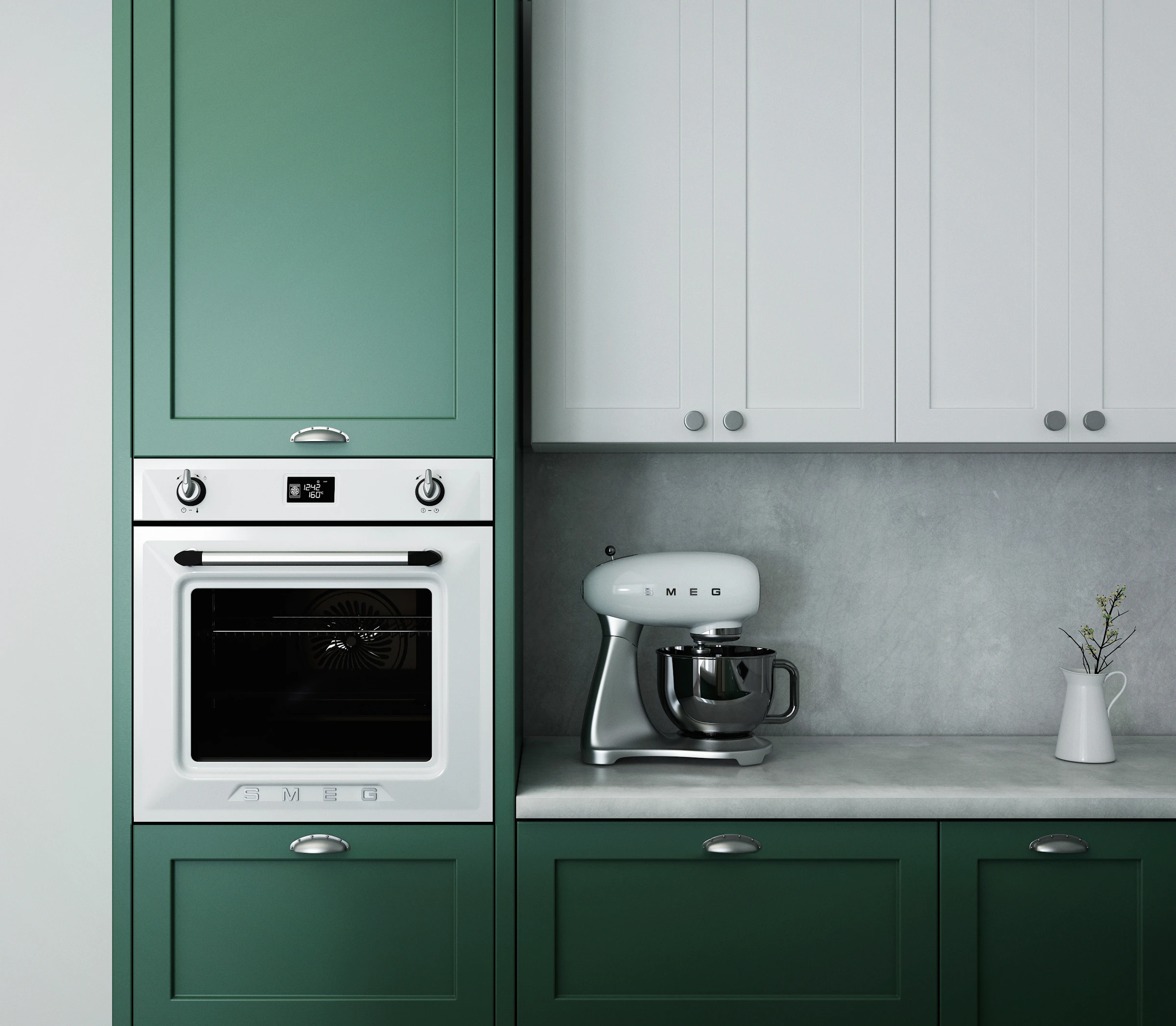 Kitchen with deep green lower cabinets, white upper shutters and a built-in oven