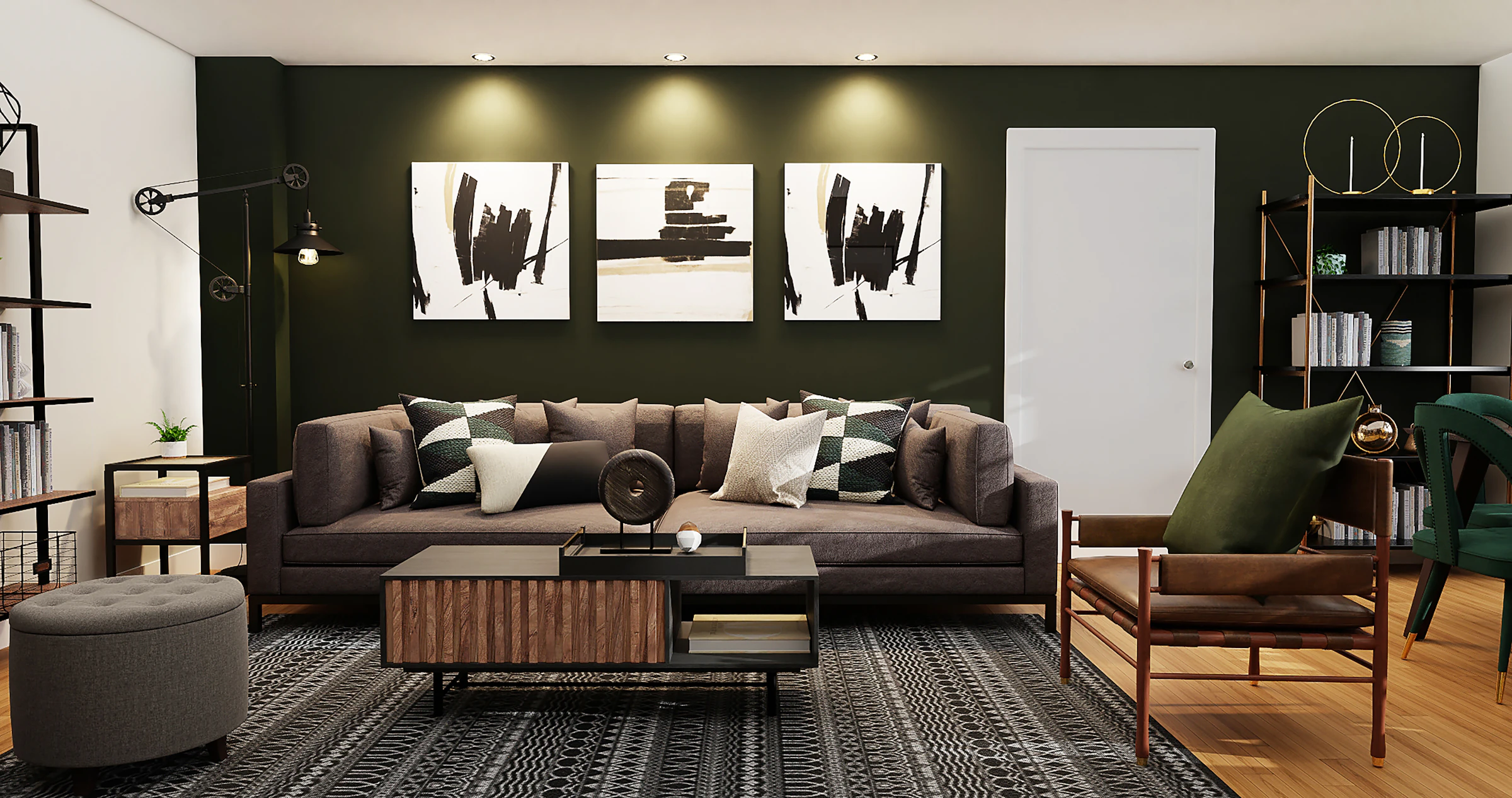 Living room with a dark green wall, a brown sofa and framed artwork