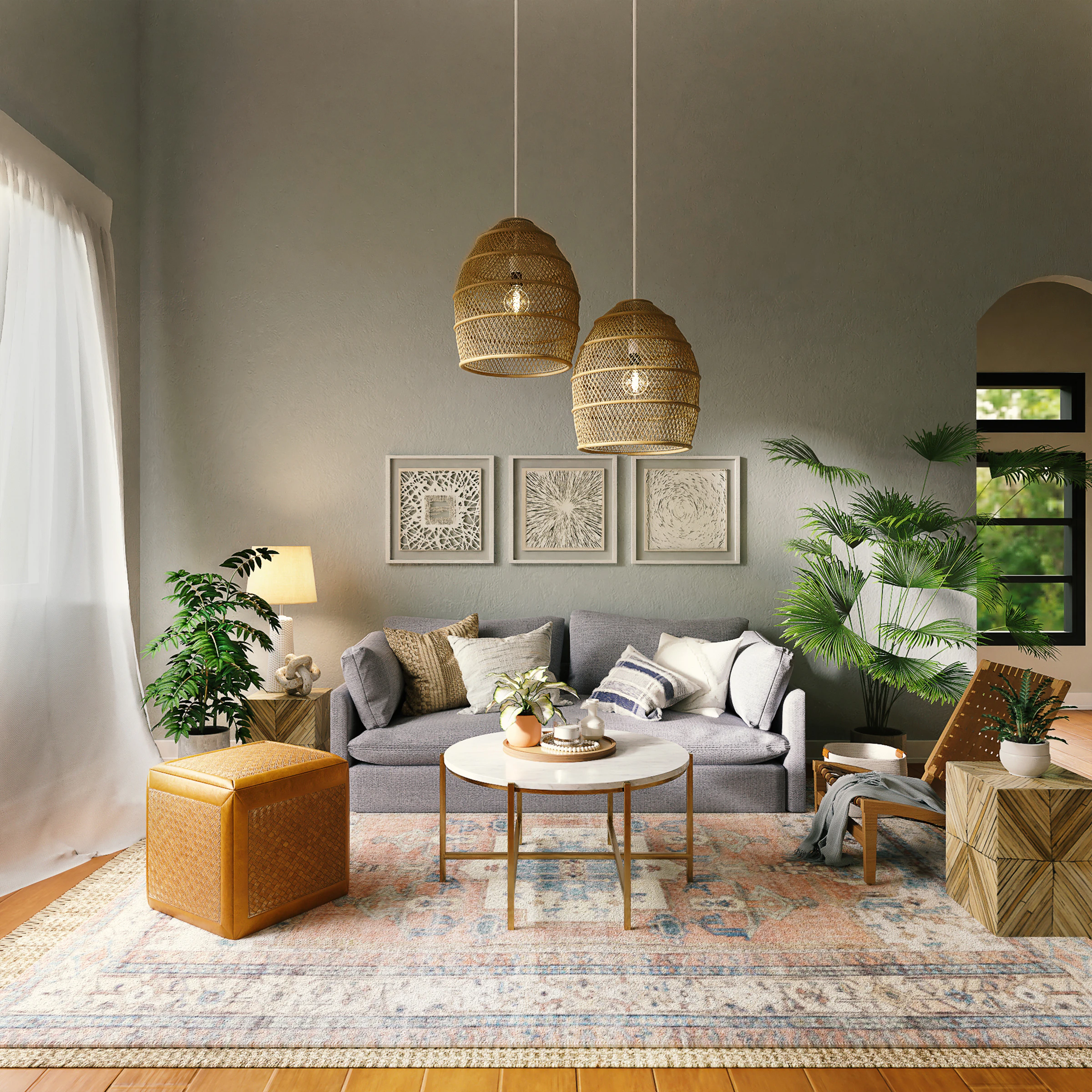 Living room with woven pendant lights, a grey sofa and layered rugs