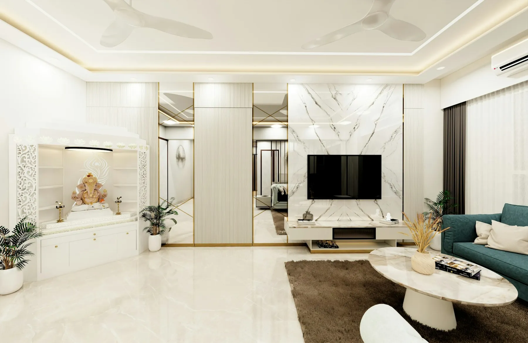 White living room with a carved pooja unit, a marble TV wall and a cove-lit false ceiling