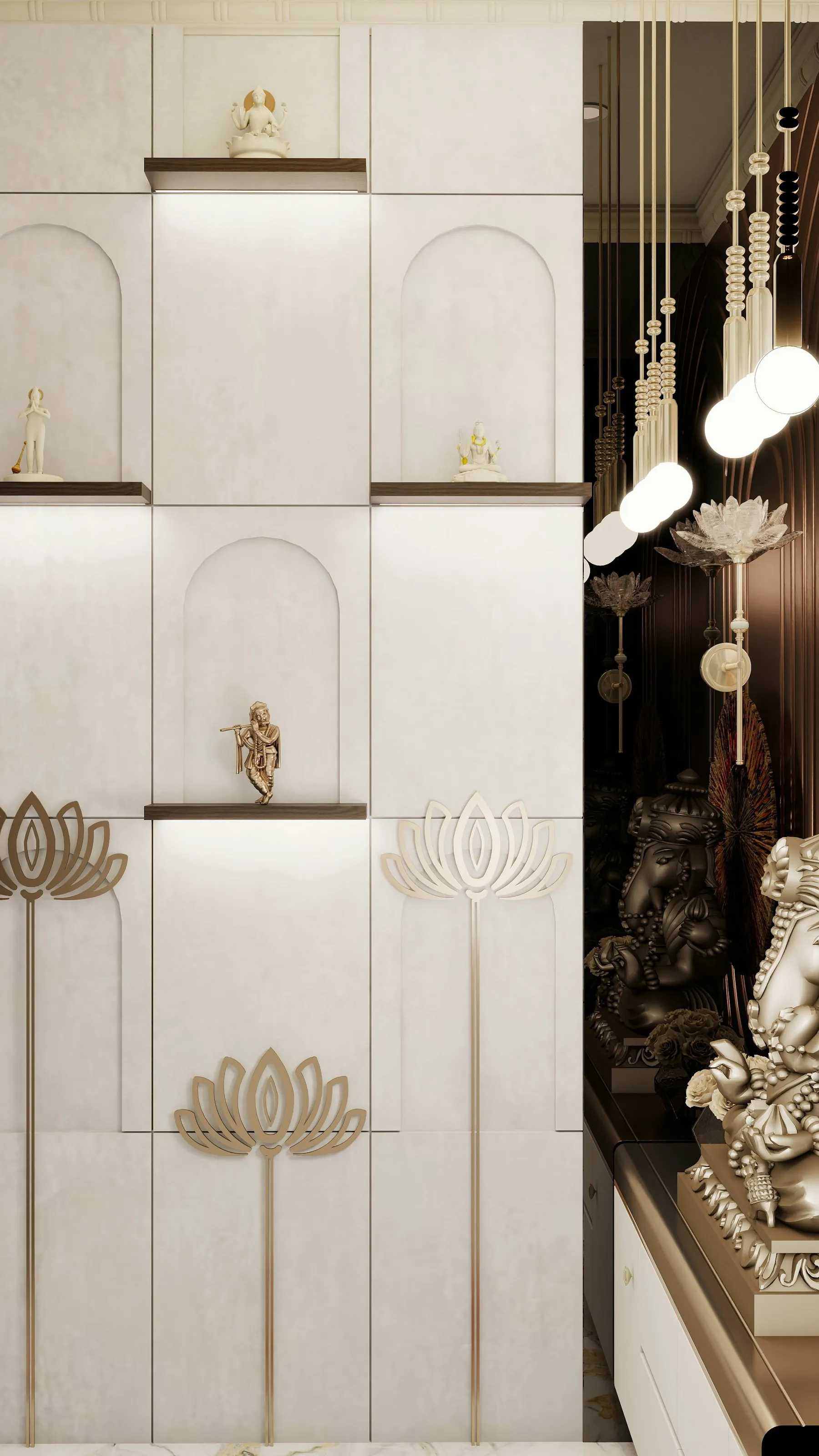Pooja wall in ivory panels with arched niches, lit shelves and brass lotus motifs