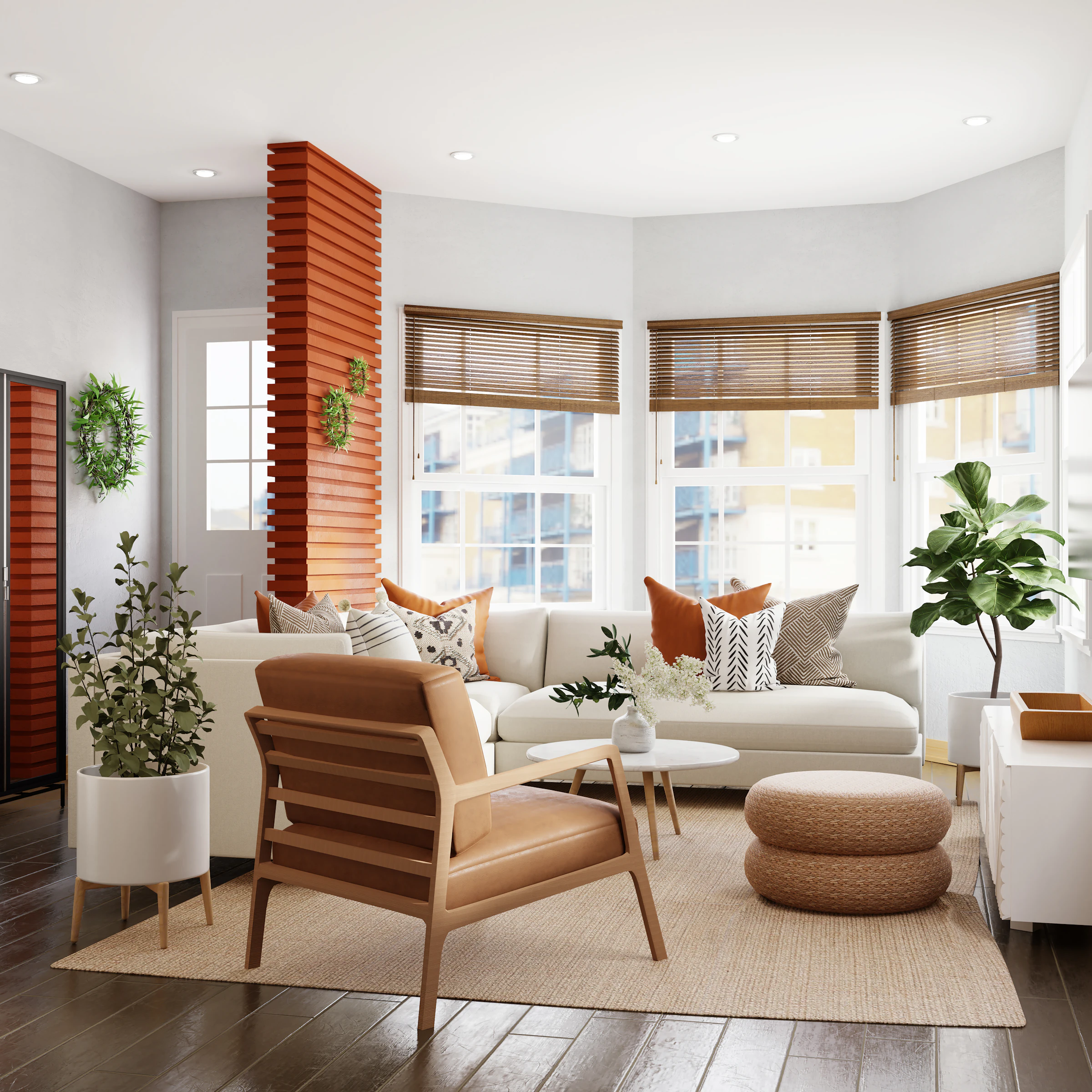 Rendered living room with a lounge chair, timber blinds and a terracotta column