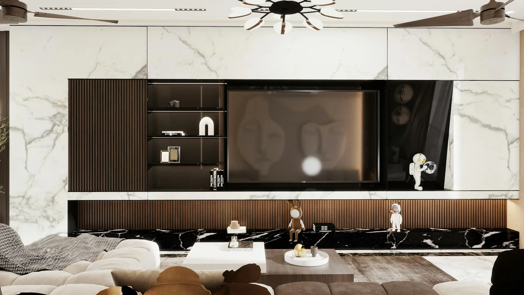 Living room with a marble-clad TV wall, fluted timber panels and open display shelves