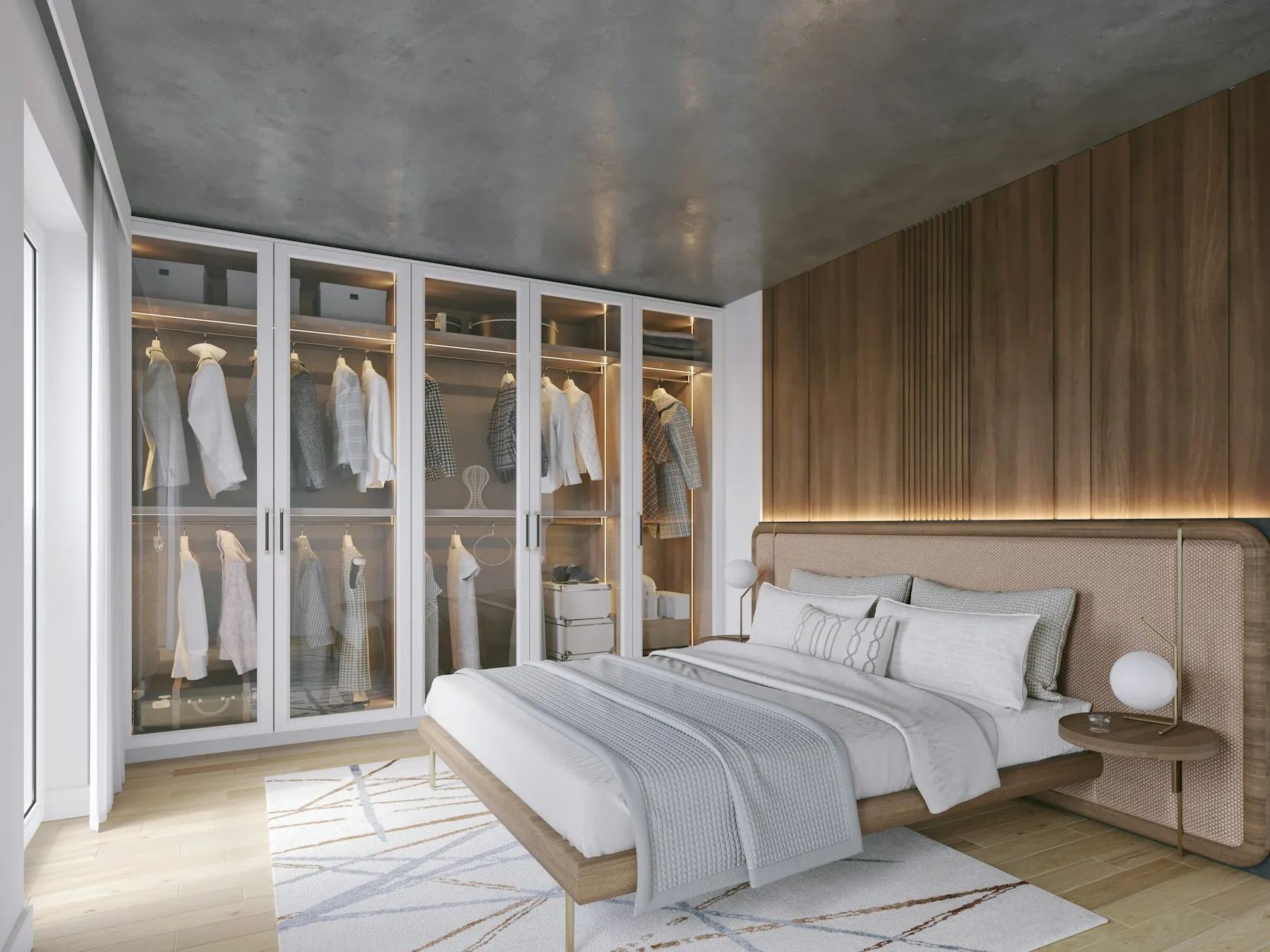Bedroom with a full wall of glass-shutter wardrobes, lit from inside, beside a timber-panelled bed wall