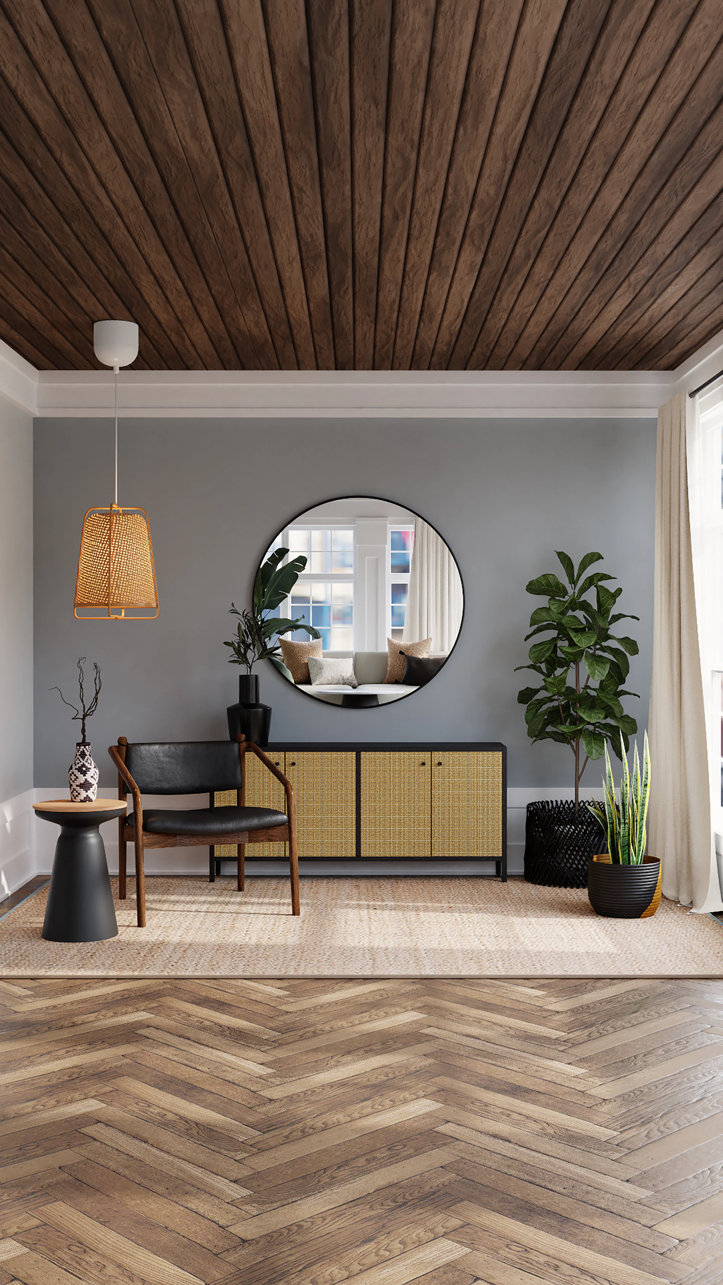 Entrance with a slatted wooden ceiling, a round mirror and a herringbone floor